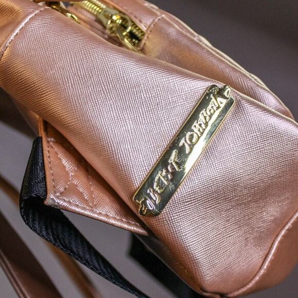 Betsy Johnson Sleeping Cat Backpack Rose Gold Stripes Heart Cute Quilt - Picture 5 of 6